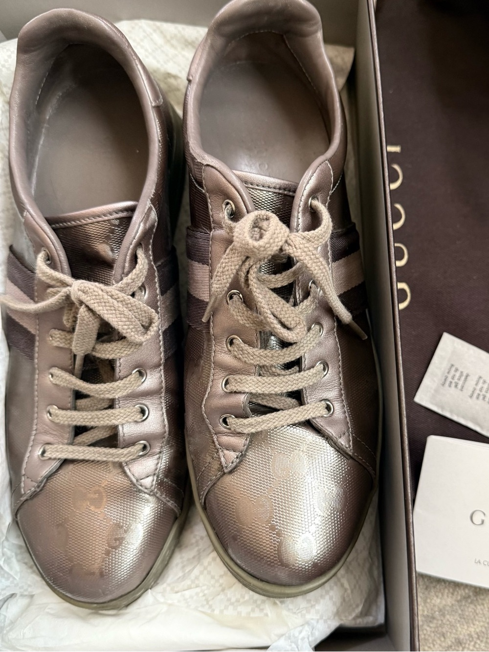 Gucci Metallic Taupe and Beige Lace-Up Sneakers